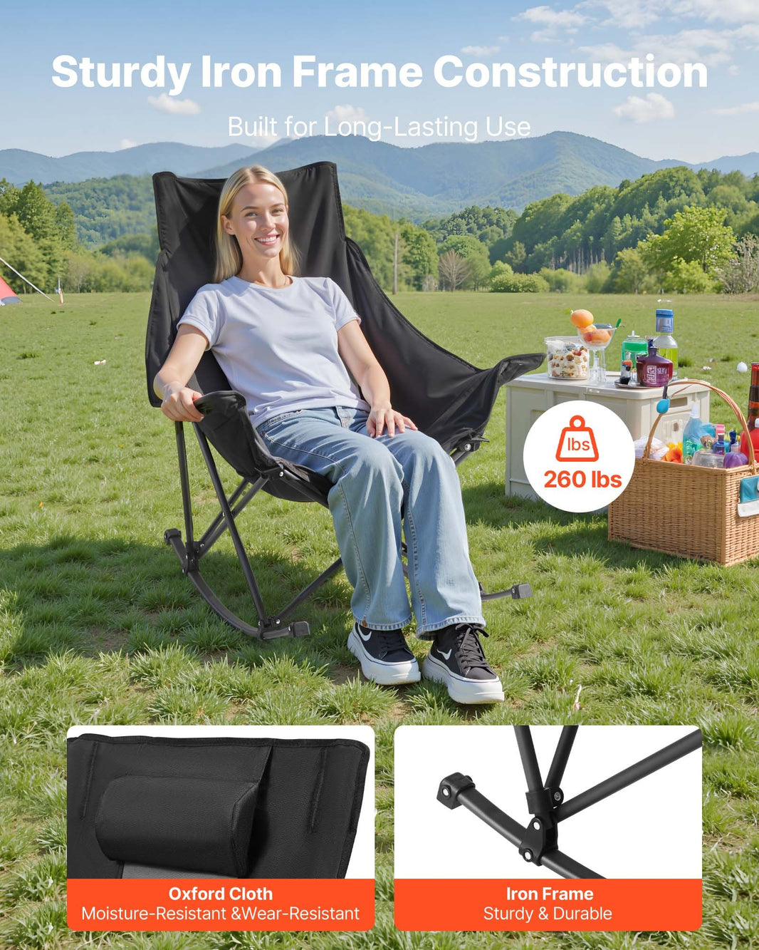 Rocking Camping Chair, Portable Folding Rocker, Heavy-Duty Lawn Chair Recliner With Cupholder & Pocket, Supports 225lbs, Fully Padded Camp Chairs For Outdoor Patio Backyard Porch Garden