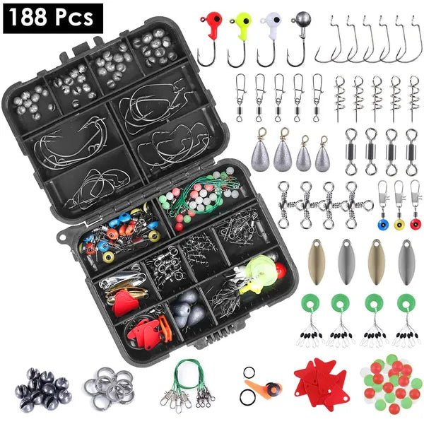 188Pcs Fishing Accessory Kit Portable Fishing Set Including Jig Hooks Sinker Weights Spoon Lure - Survival Essential