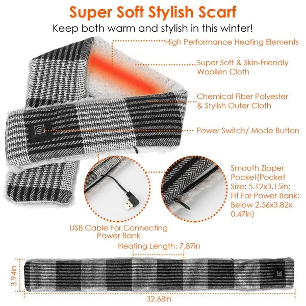 Electric Heated Scarf USB Heating Neck Wrap Unisex Winter Heated