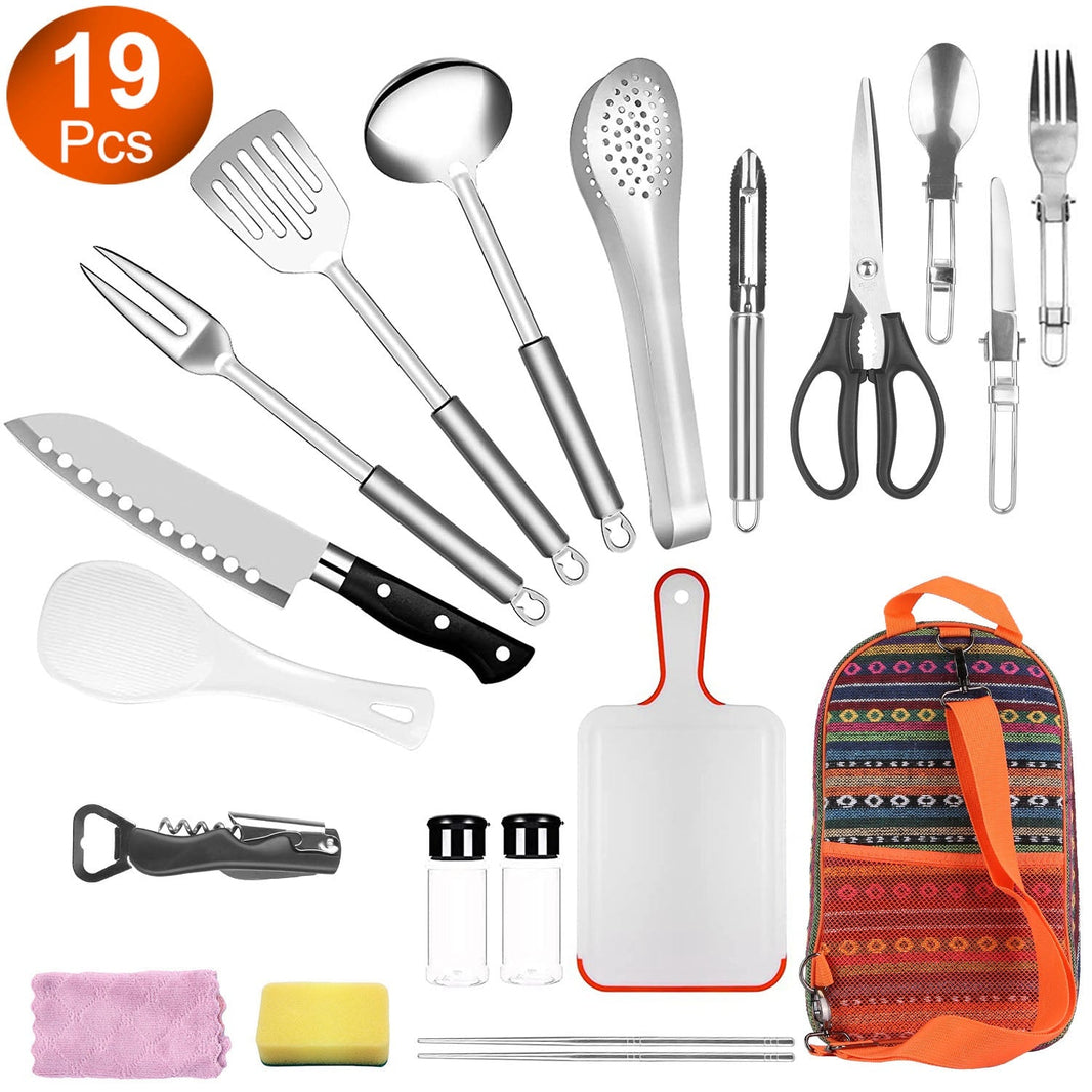 19Pcs Camping Cooking Utensil Kit Portable Picnic Cookware Outdoor Kitchen Equipment Gear Campfire Barbecue Appliances With Storage Bag - Survival Essential