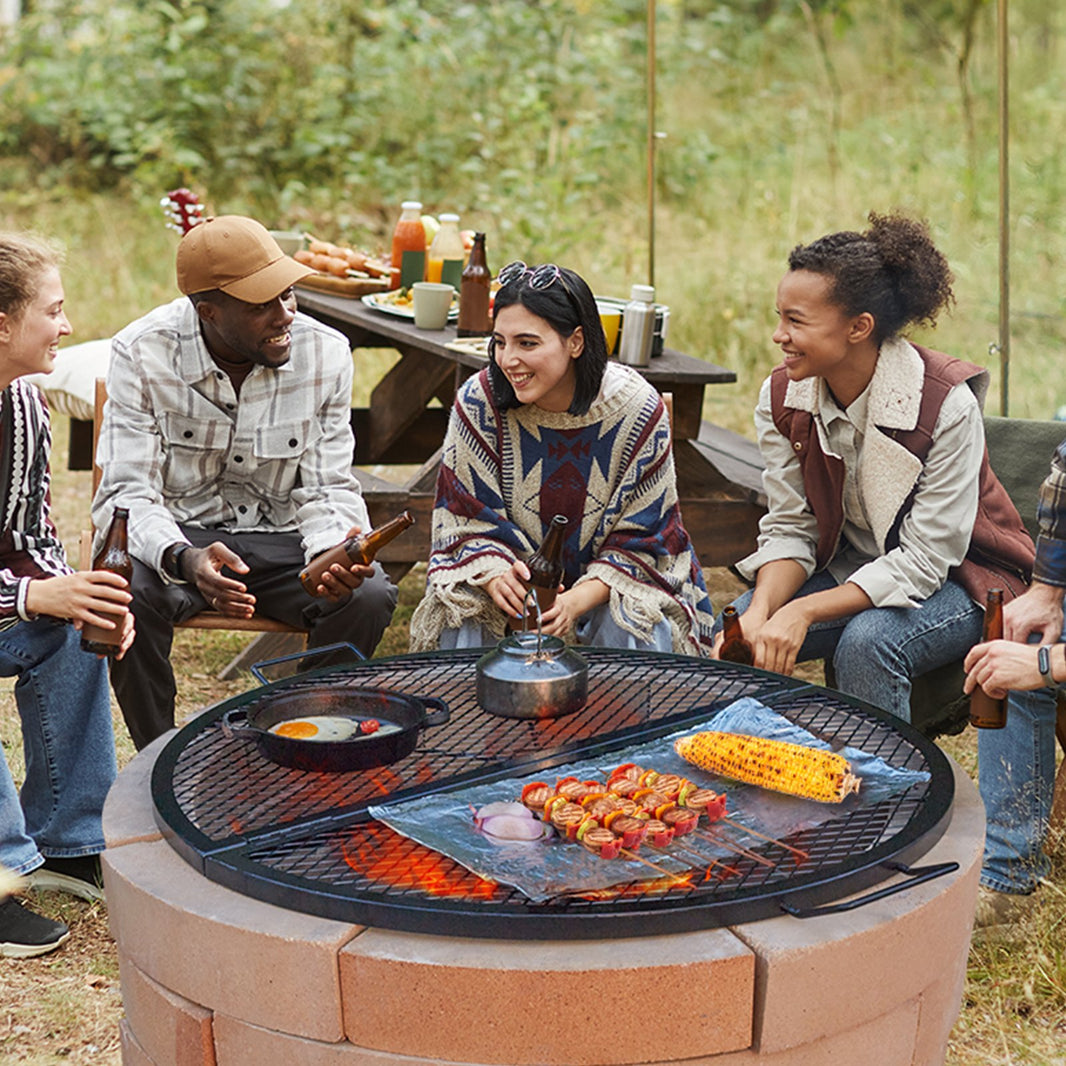 VEVOR X-Marks Fire Pit Grill Grate, Foldable Round Cooking Grate, Heavy Duty Steel Campfire BBQ Grill Grid With Handle And Support X Wire, Portable Camping Cookware For Outside Party, 36 Inch Black