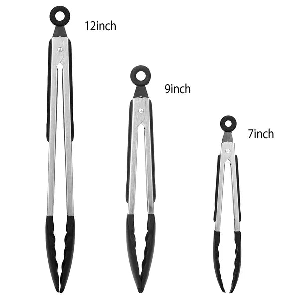 3Pcs Kitchen Tongs Stainless Steel Locking Food Tongs With Silicon Tips BPA Free Non-Stick BBQ Cooking Grilling Locking Food Tongs