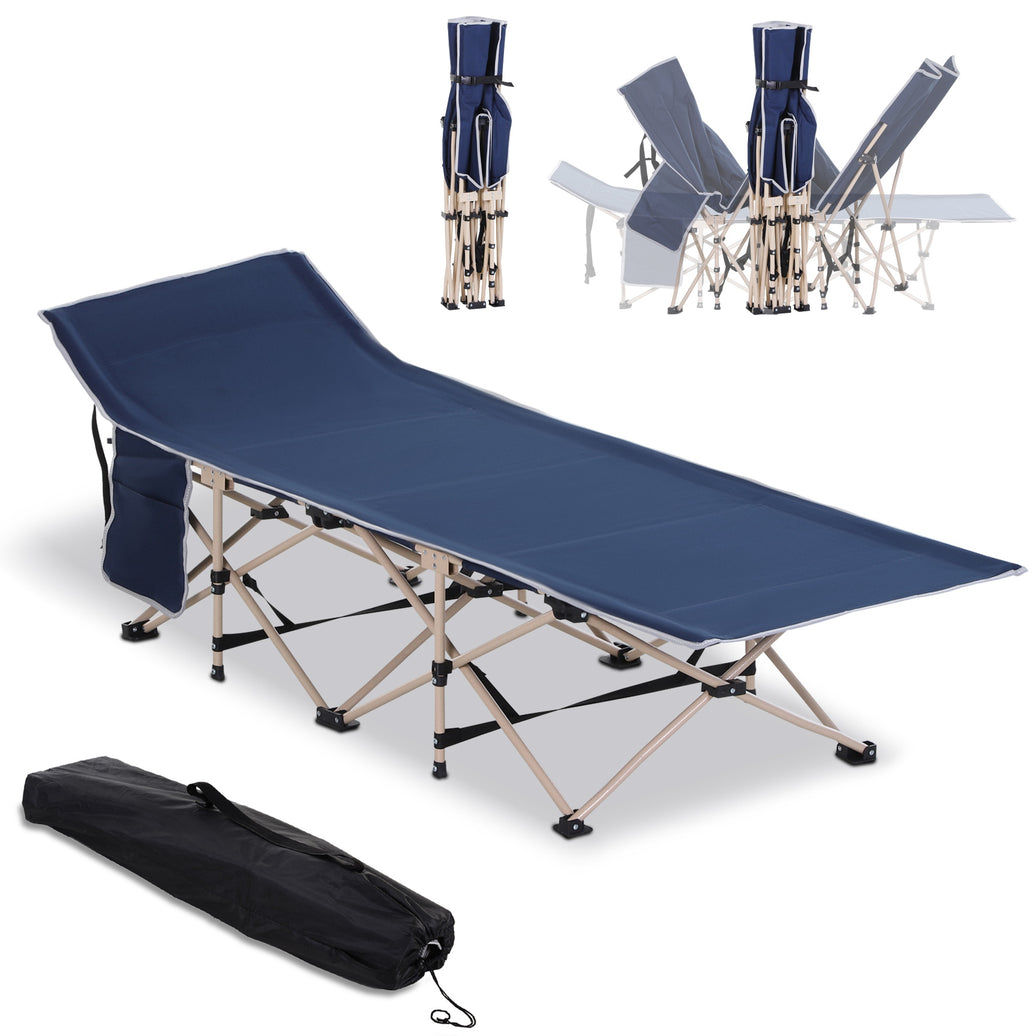 Single Person Camping Bed Folding Cot Outdoor Patio Portable Military Sleeping Bed Travel Guest Leisure Fishing With Side Pocket And Carry Bag - Blue