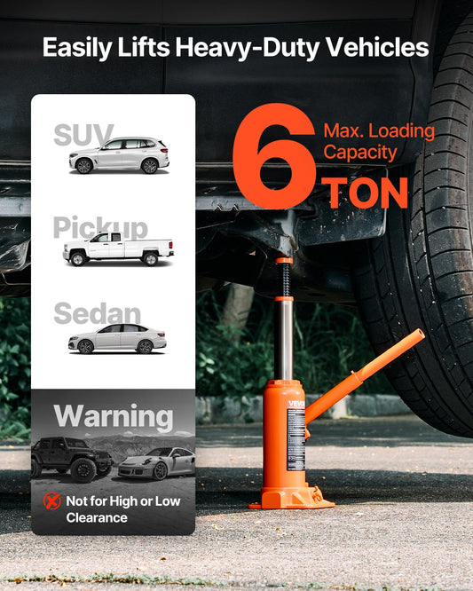 Hydraulic Bottle Jack, 6 Ton (13227.6 Lbs) Capacity, 7.7-14.8 Inch Lifting Range, Heavy Duty Welded Bottle Jack For Car, SUV, Pickup, Auto Repair, House Lift And Agricultural Equipment, Orange