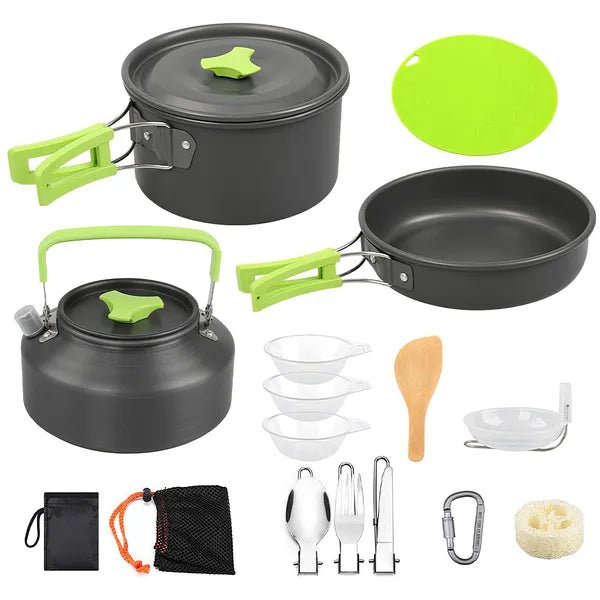 Set Of 16Pcs Camping Cooking Ware Camping Stove Cookware Kit Aluminum Kettle With Bowls Knife Fork Spoon Carabiner Spatula Cutting Board For Hiking Picnic Outdoor - Survival Essential