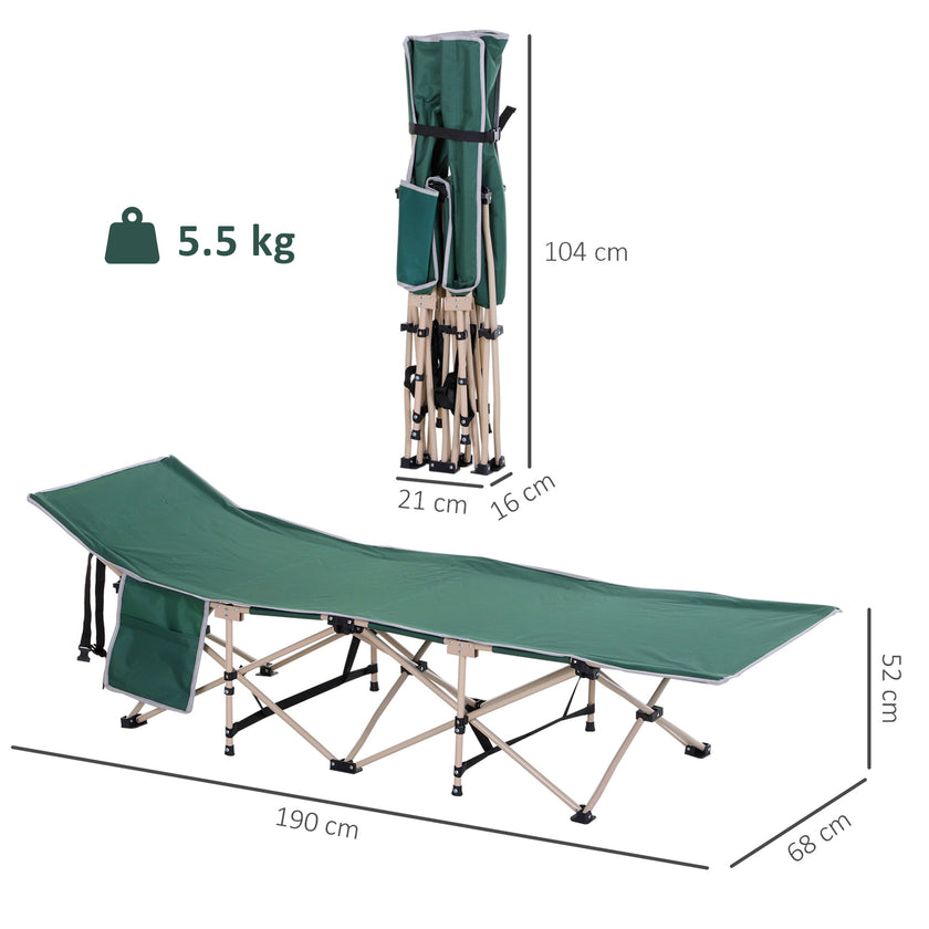 Single Person Camping Bed Folding Cot Outdoor Patio Portable Military Sleeping Bed Travel Guest Leisure Fishing With Side Pocket And Carry Bag - Green