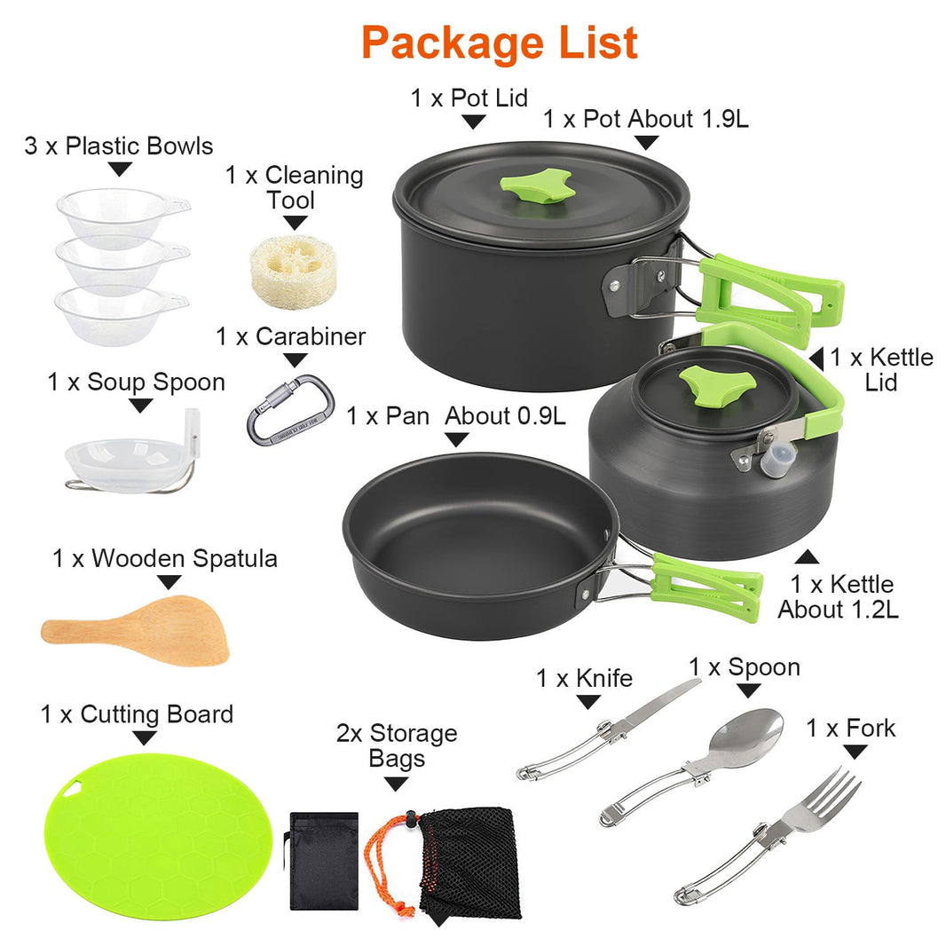 16Pcs Camping Cooking Ware Set Camping Stove Cookware Kit Aluminum Pot Pan Kettle Set With Bowls Knife Fork Spoon Carabiner Spatula Cutting Board For Hiking Picnic Outdoor - Survival Essential