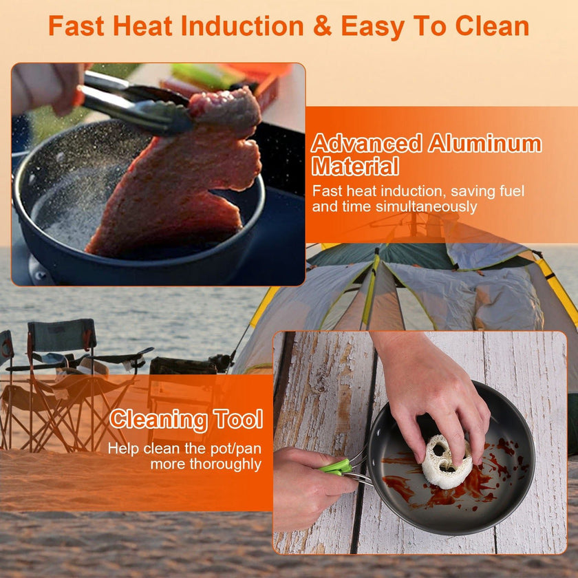 16Pcs Camping Cooking Ware Set Camping Stove Cookware Kit Aluminum Pot Pan Kettle Set With Bowls Knife Fork Spoon Carabiner Spatula Cutting Board For Hiking Picnic Outdoor - Survival Essential