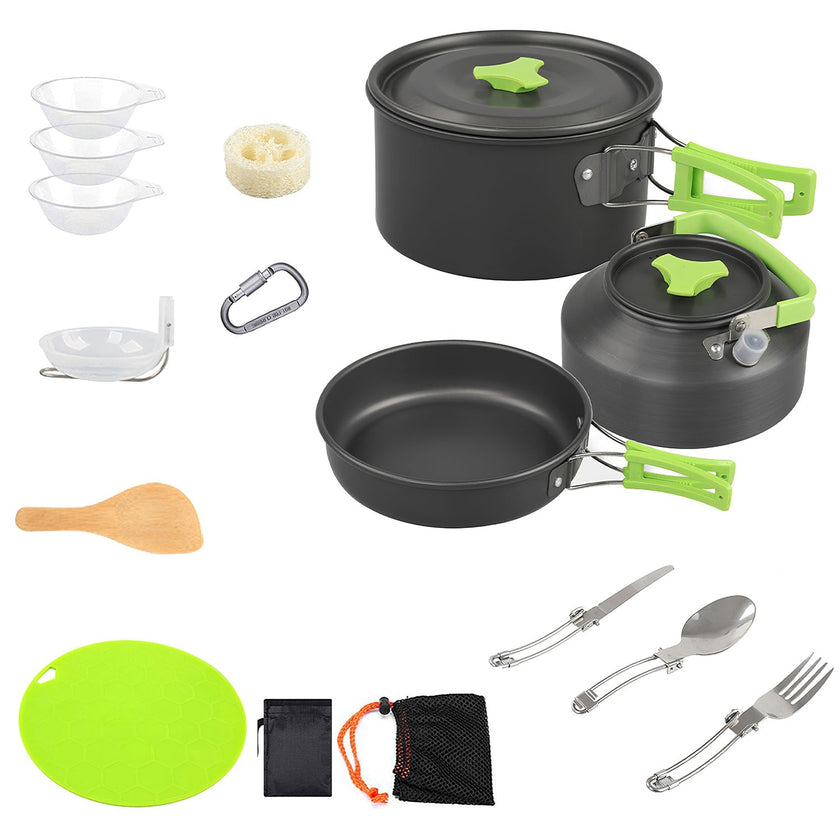 16Pcs Camping Cooking Ware Set Camping Stove Cookware Kit Aluminum Pot Pan Kettle Set With Bowls Knife Fork Spoon Carabiner Spatula Cutting Board For Hiking Picnic Outdoor - Survival Essential