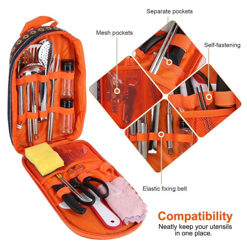 19Pcs Camping Cooking Utensil Kit Portable Picnic Cookware Outdoor Kitchen Equipment Gear Campfire Barbecue Appliances With Storage Bag - Survival Essential