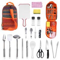 19Pcs Camping Cooking Utensil Kit Portable Picnic Cookware Outdoor Kitchen Equipment Gear Campfire Barbecue Appliances With Storage Bag - Survival Essential