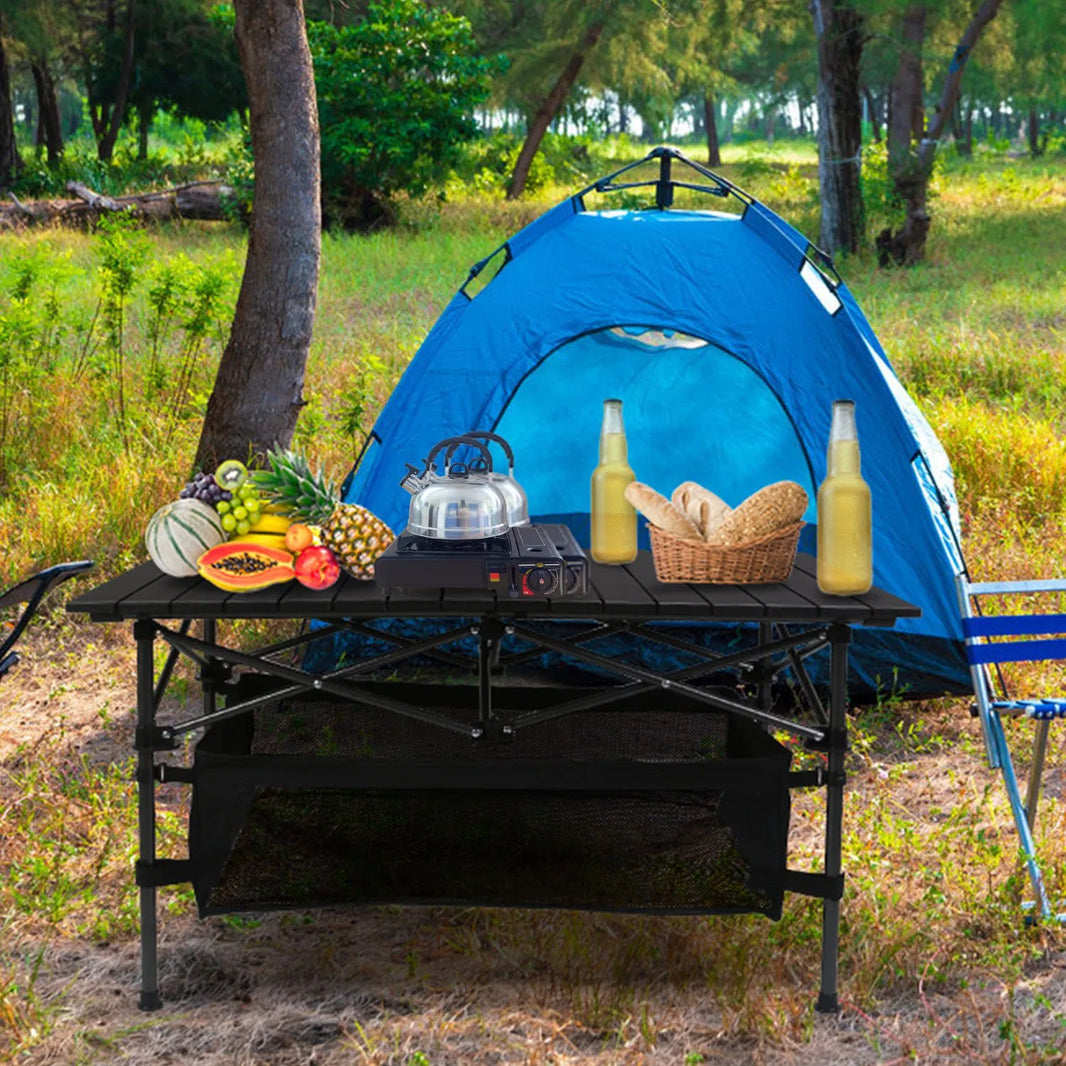 220 Lb Capacity Foldable Camping Table Aluminum Top & Steel Frame With Mesh Basket Portable BBQ Picnic Beach Table Includes Carry Bag