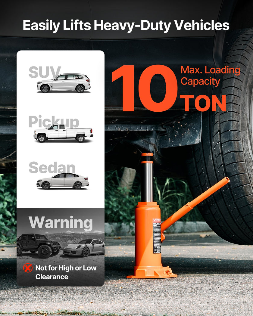 Hydraulic Bottle Jack, 10 Ton (22046 Lbs) Capacity, 9.3-18.5 Inch Lifting Range, Heavy Duty Welded Bottle Jack For Car, SUV, Pickup, Auto Repair, House Lift And Agricultural Equipment, Orange