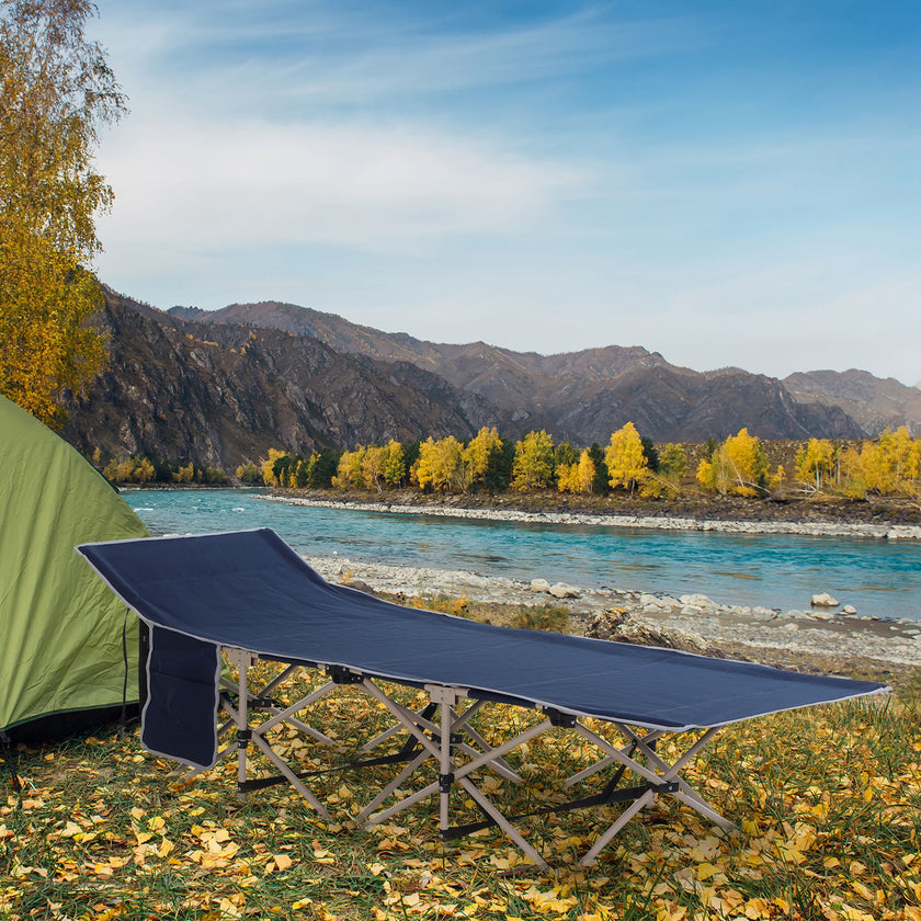 Single Person Camping Bed Folding Cot Outdoor Patio Portable Military Sleeping Bed Travel Guest Leisure Fishing With Side Pocket And Carry Bag - Blue