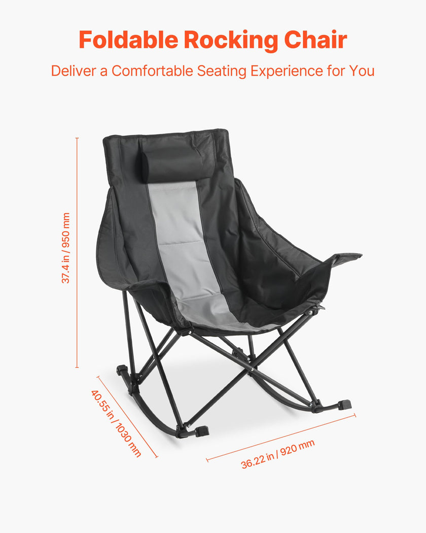 Rocking Camping Chair, Portable Folding Rocker, Heavy-Duty Lawn Chair Recliner With Cupholder & Pocket, Supports 225lbs, Fully Padded Camp Chairs For Outdoor Patio Backyard Porch Garden