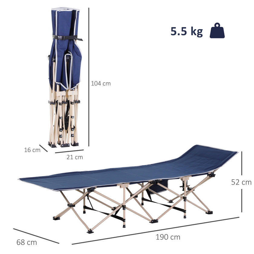 Single Person Camping Bed Folding Cot Outdoor Patio Portable Military Sleeping Bed Travel Guest Leisure Fishing With Side Pocket And Carry Bag - Blue