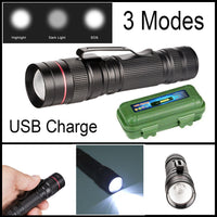 LED Military Flashlight USB Rechargeable Tactical Zoom Torch Most Powerful Mini Pen Light
