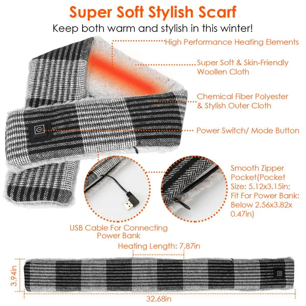 Electric Heated Scarf USB Heating Neck Wrap Unisex Winter Heated Neck Shawl