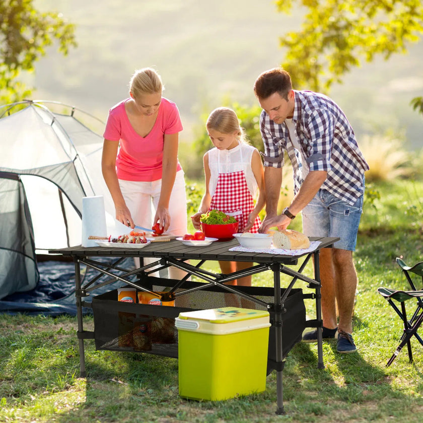 220 Lb Capacity Foldable Camping Table Aluminum Top & Steel Frame With Mesh Basket Portable BBQ Picnic Beach Table Includes Carry Bag