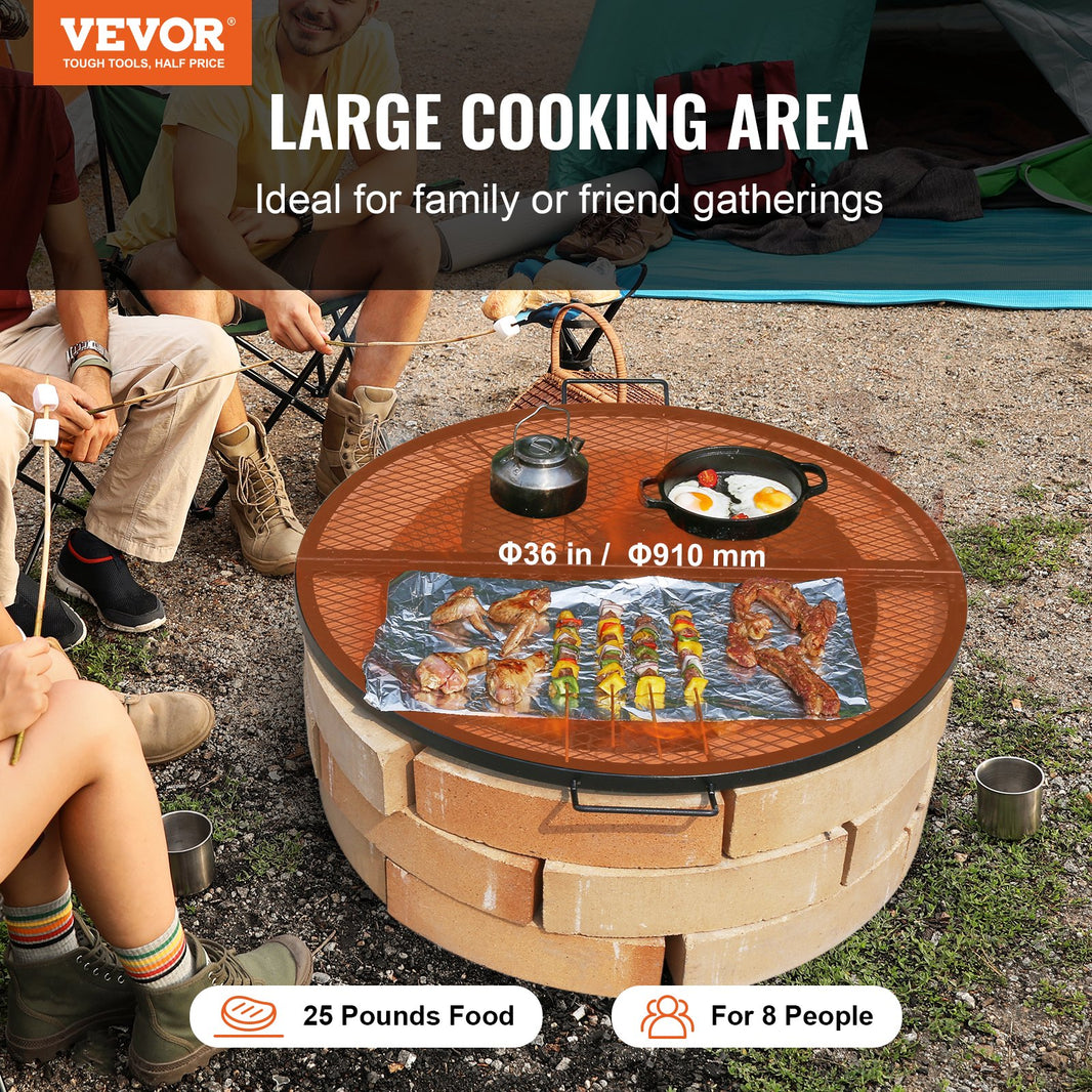 VEVOR X-Marks Fire Pit Grill Grate, Foldable Round Cooking Grate, Heavy Duty Steel Campfire BBQ Grill Grid With Handle And Support X Wire, Portable Camping Cookware For Outside Party, 36 Inch Black