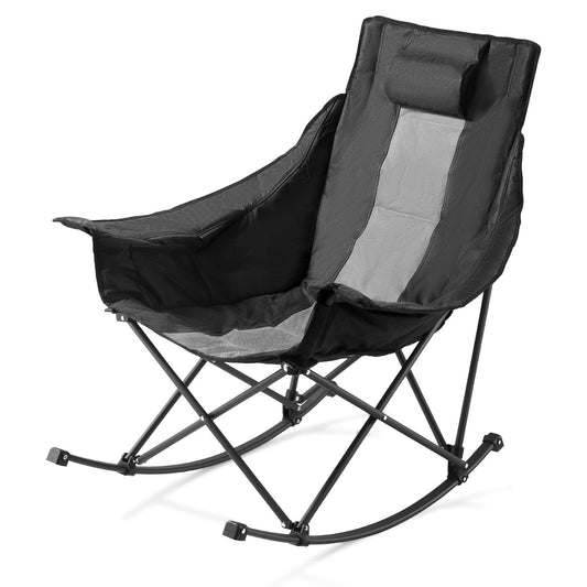 Rocking Camping Chair, Portable Folding Rocker, Heavy-Duty Lawn Chair Recliner With Cupholder & Pocket, Supports 225lbs, Fully Padded Camp Chairs For Outdoor Patio Backyard Porch Garden