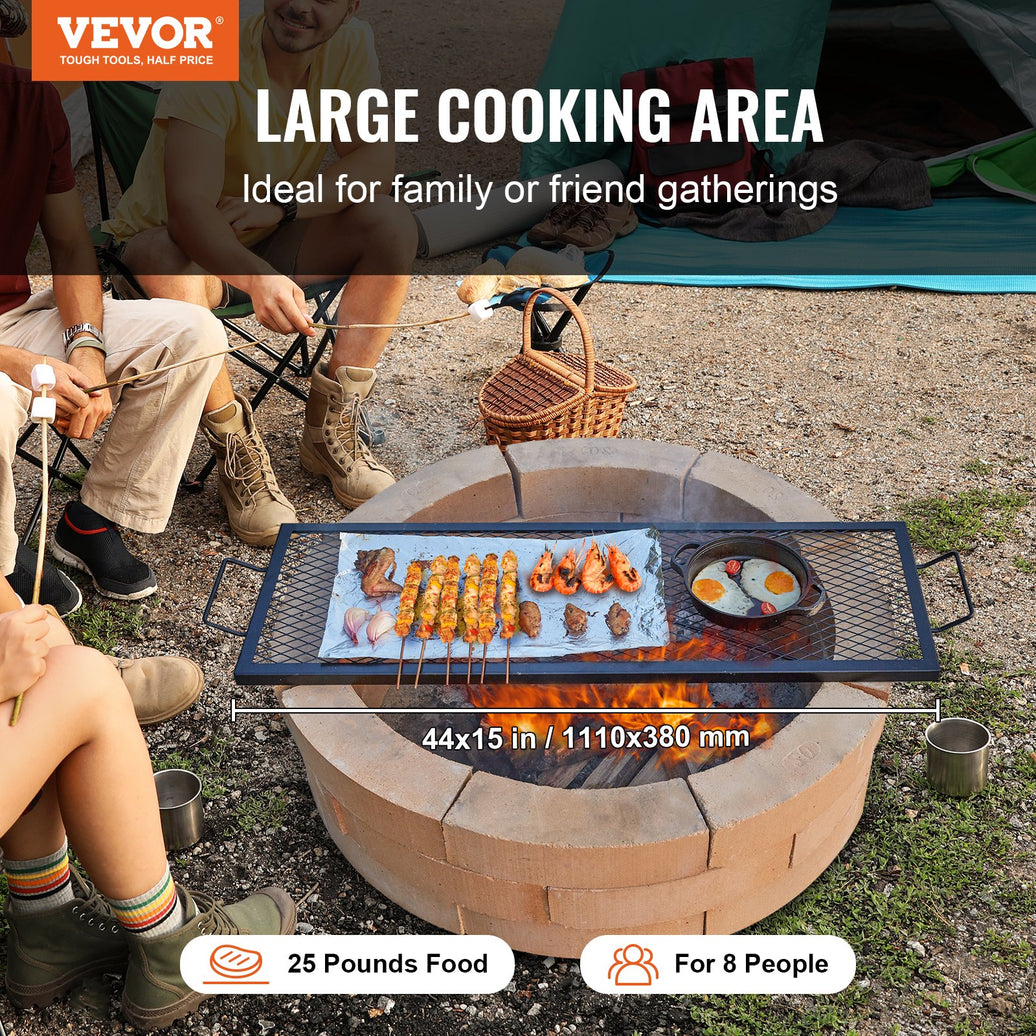 VEVOR X-Marks Fire Pit Grill Grate, Rectangle Cooking Grate, Heavy Duty Steel Campfire BBQ Grill Grid With Handle & Support X Wire, Portable Camping Cookware For Outside Party Gathering, 44 Inch Black