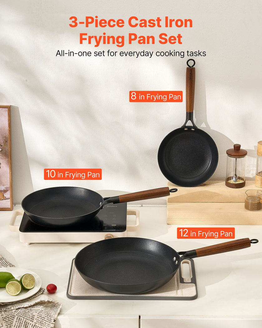 3 Piece Cast Iron Skillet Frying Pan Set 8 10 12 In Pre-Seasoned Nonstick Black
