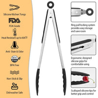 3Pcs Kitchen Tongs Stainless Steel Locking Food Tongs With Silicon Tips BPA Free Non-Stick BBQ Cooking Grilling Locking Food Tongs