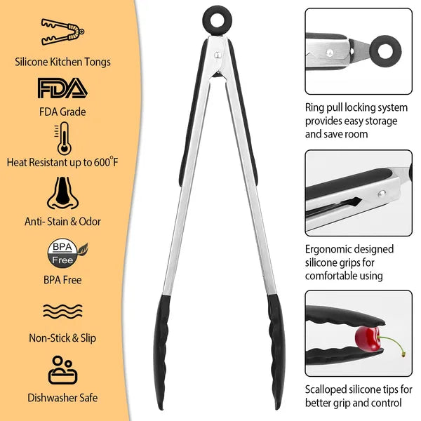 3Pcs Kitchen Tongs Stainless Steel Locking Food Tongs With Silicon Tips BPA Free Non-Stick BBQ Cooking Grilling Locking Food Tongs