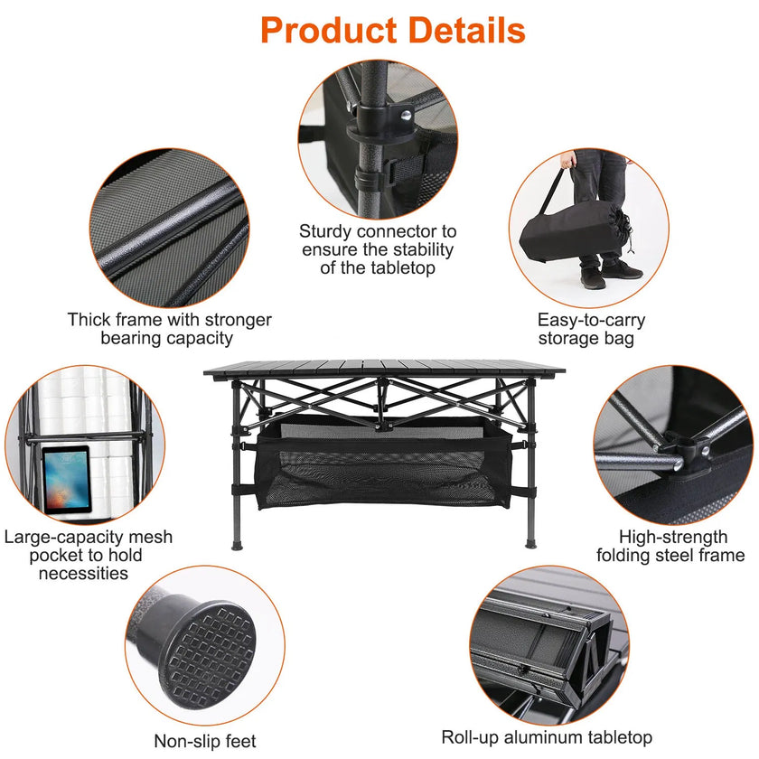 220 Lb Capacity Foldable Camping Table Aluminum Top & Steel Frame With Mesh Basket Portable BBQ Picnic Beach Table Includes Carry Bag
