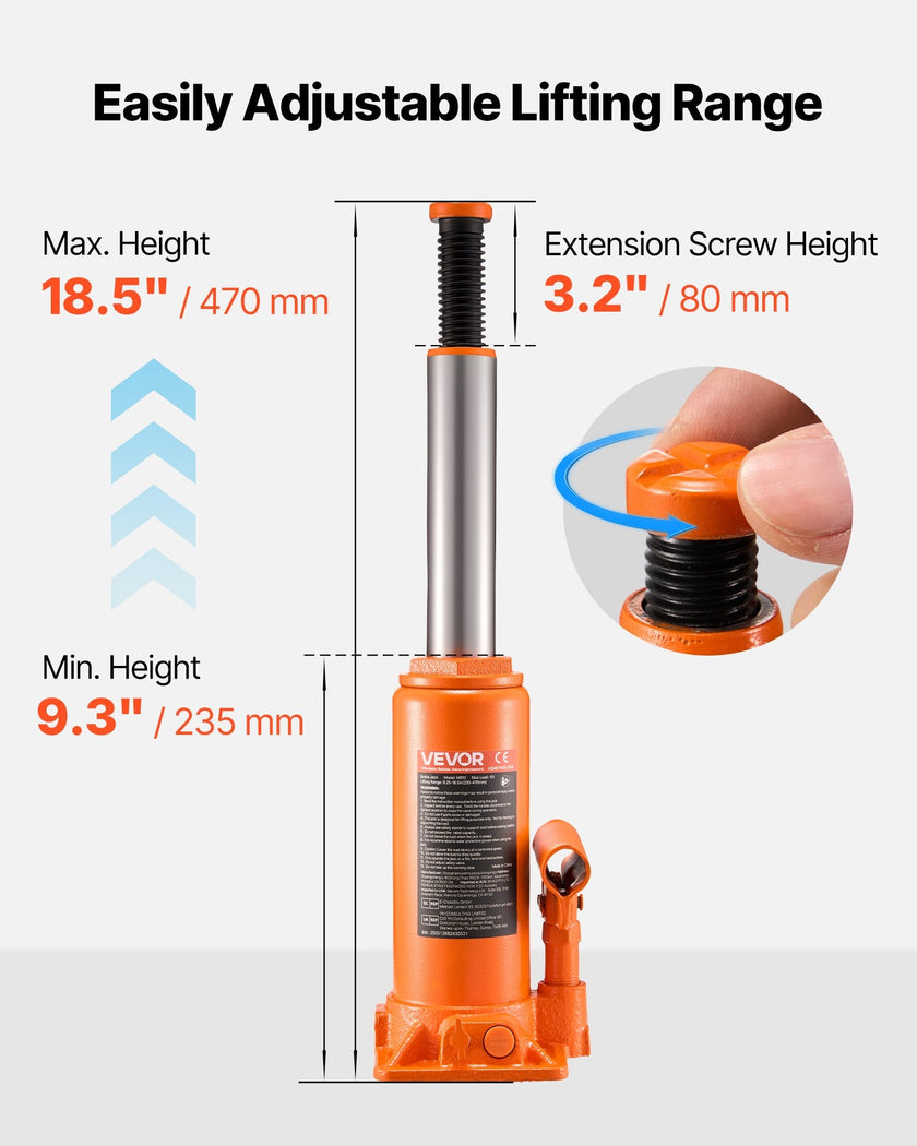 Hydraulic Bottle Jack, 10 Ton (22046 Lbs) Capacity, 9.3 - 18.5 Inch Lifting Range, Heavy Duty Welded Bottle Jack For Car, SUV, Pickup, Auto Repair, House Lift And Agricultural Equipment, Orange - Survival Essential