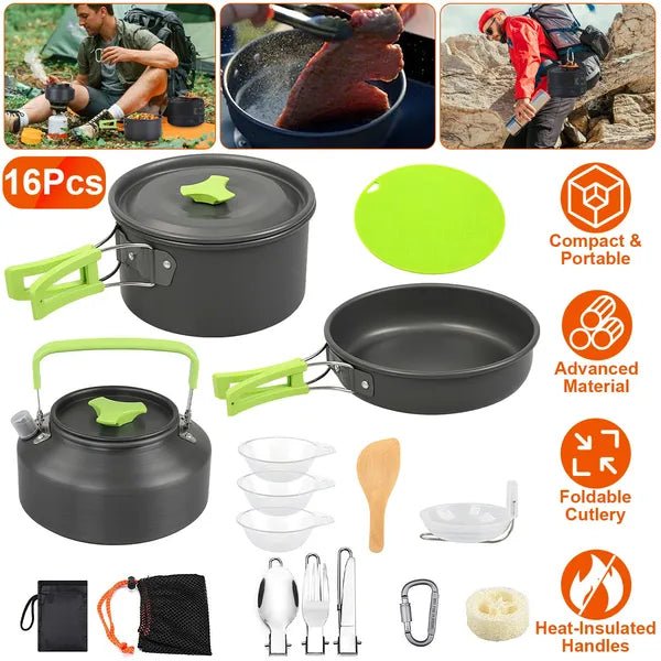Set Of 16Pcs Camping Cooking Ware Camping Stove Cookware Kit Aluminum Kettle With Bowls Knife Fork Spoon Carabiner Spatula Cutting Board For Hiking Picnic Outdoor - Survival Essential
