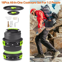 Set Of 16Pcs Camping Cooking Ware Camping Stove Cookware Kit Aluminum Kettle With Bowls Knife Fork Spoon Carabiner Spatula Cutting Board For Hiking Picnic Outdoor - Survival Essential