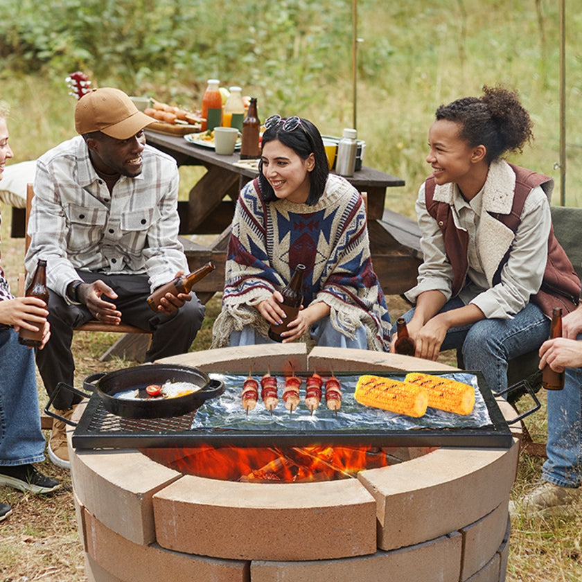 X - Marks Fire Pit Grill Grate, Rectangle Cooking Grate, Heavy Duty Steel Campfire BBQ Grill Grid With Handle & Support X Wire, Portable Camping Cookware For Outside Party Gathering, 32 Inch Black - Survival Essential